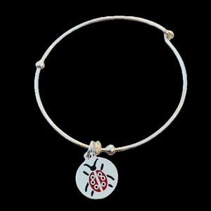 Ladybug Charm Bracelet – Silver Wire Bangle Signed Vantel Pearls